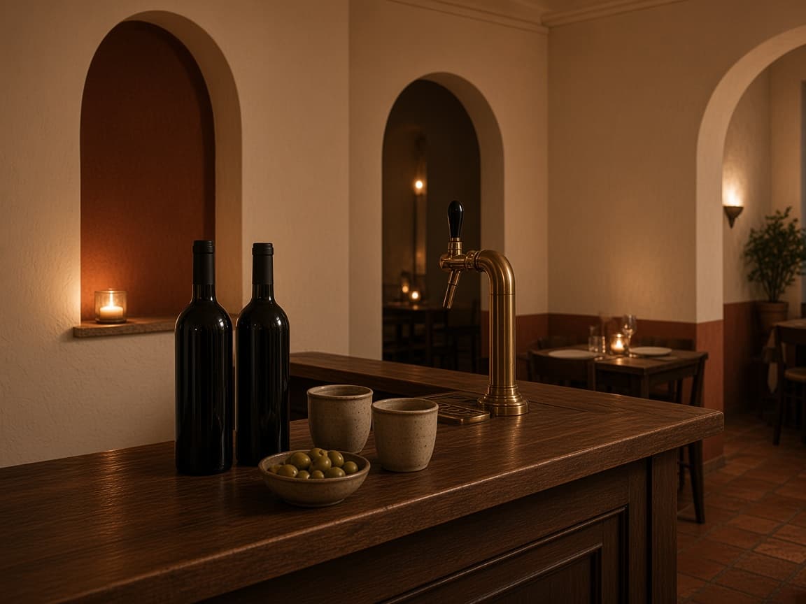 Illustrative photograph of a wooden bar with wine bottles, ceramic cups, and olives.