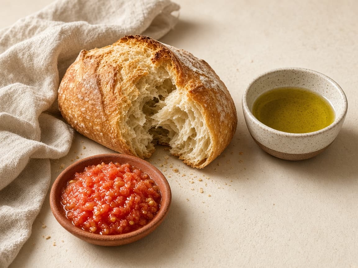 Illustrative photograph of bread, grated tomato, and olive oil.