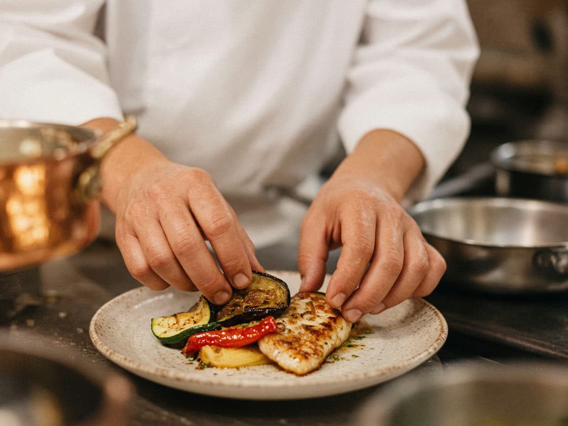Illustrative photograph of a cook plating grilled fish and vegetables. This is not a portrait of the restaurant team.