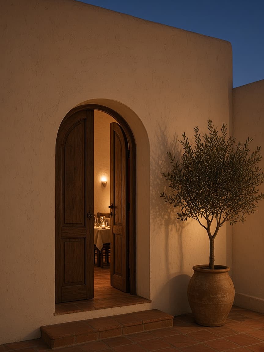 Illustrative photograph of an arched wooden door open onto a candlelit dining room at dusk.