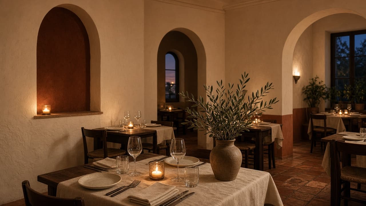 Illustrative photograph of a candlelit dining room with plaster arches, linen-covered tables, and an olive branch.