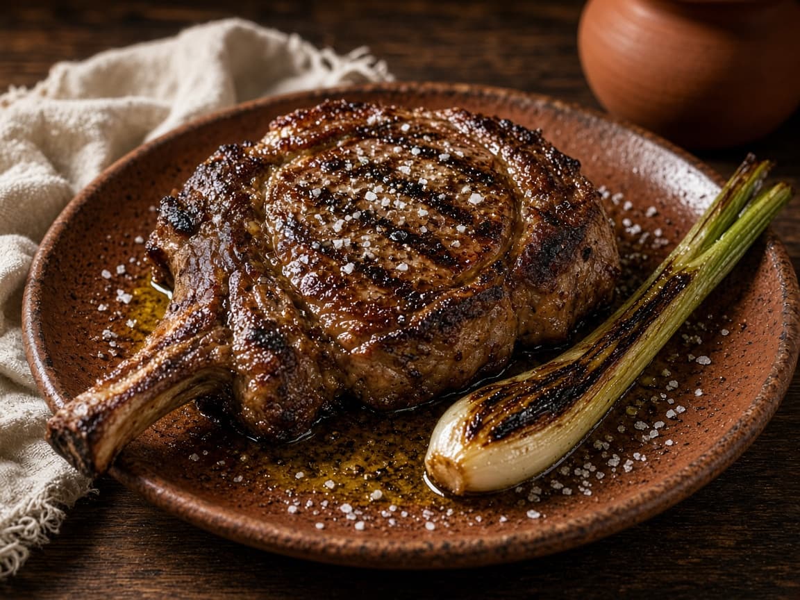 Illustrative photograph of a grilled beef chop with spring onion.