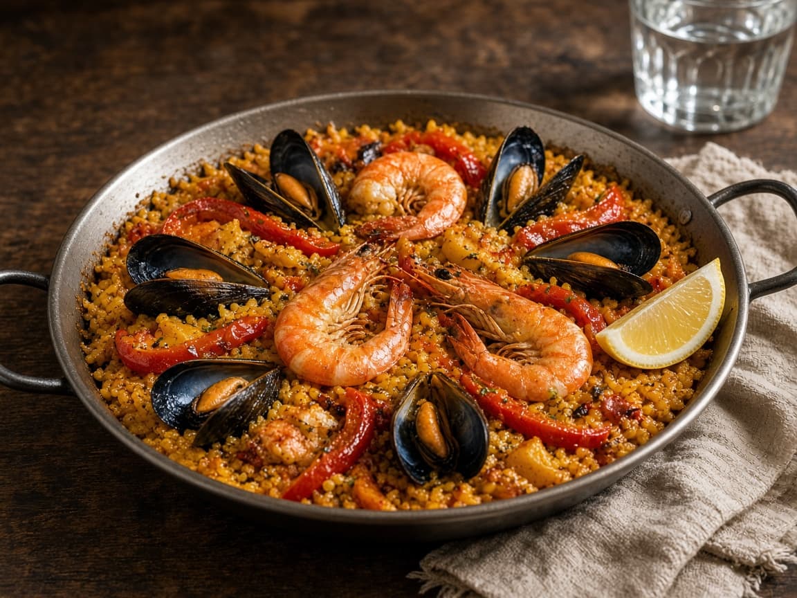 Illustrative photograph of a seafood paella in a wide pan.