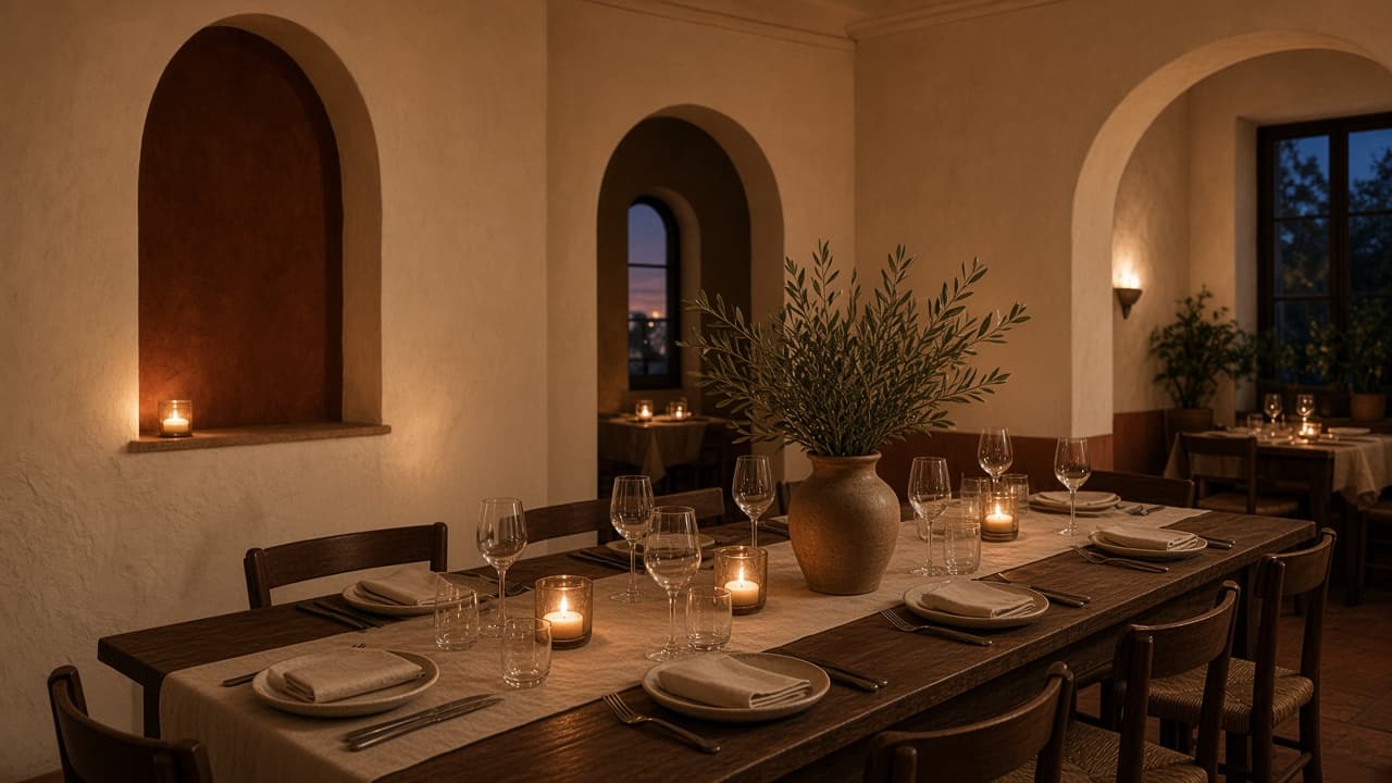Illustrative photograph of a long table set for a private dinner.
