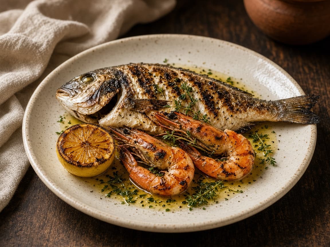 Illustrative photograph of grilled fish and prawns with lemon.