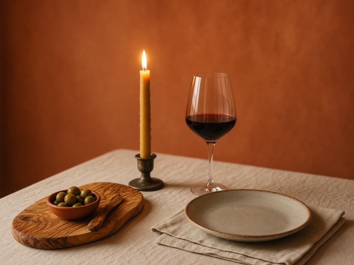 Illustrative photograph of an evening place setting with a candle, red wine, olives, and a ceramic plate.