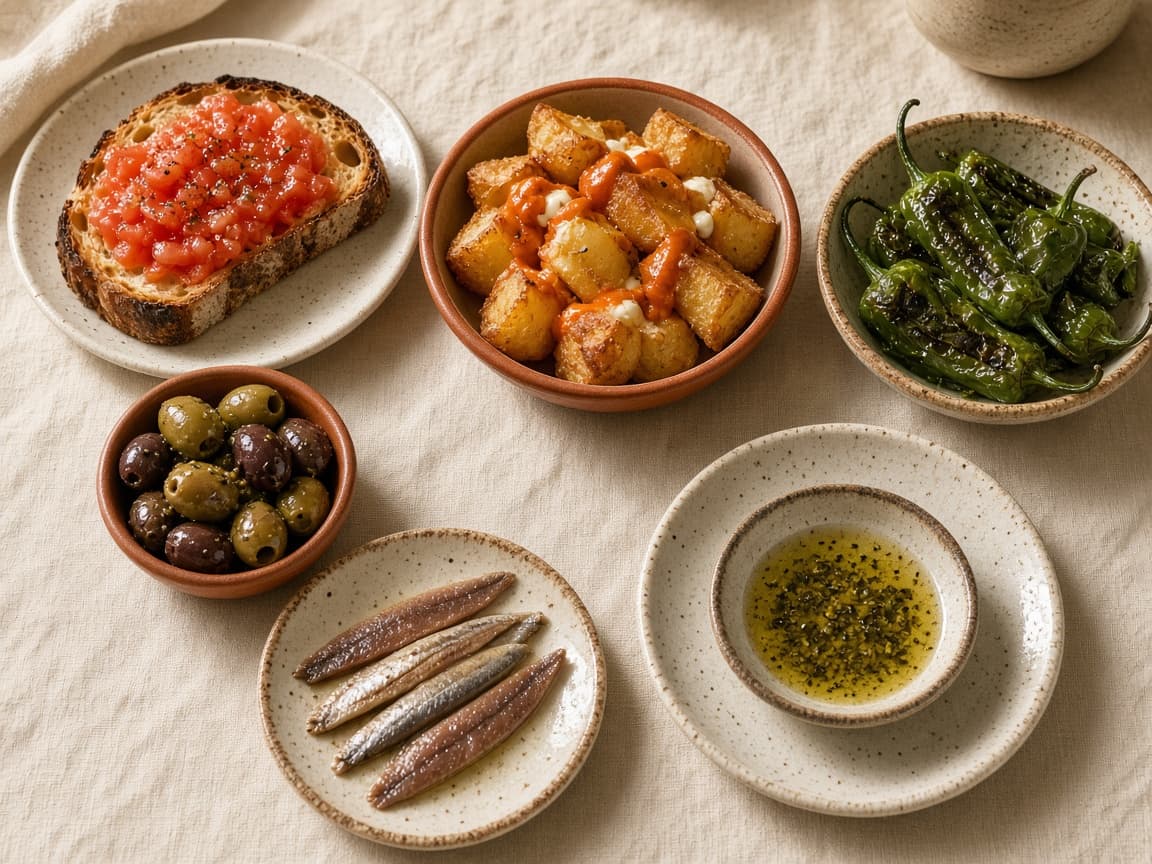 Illustrative photograph of Spanish tapas: tomato bread, potatoes, peppers, olives, and anchovies.