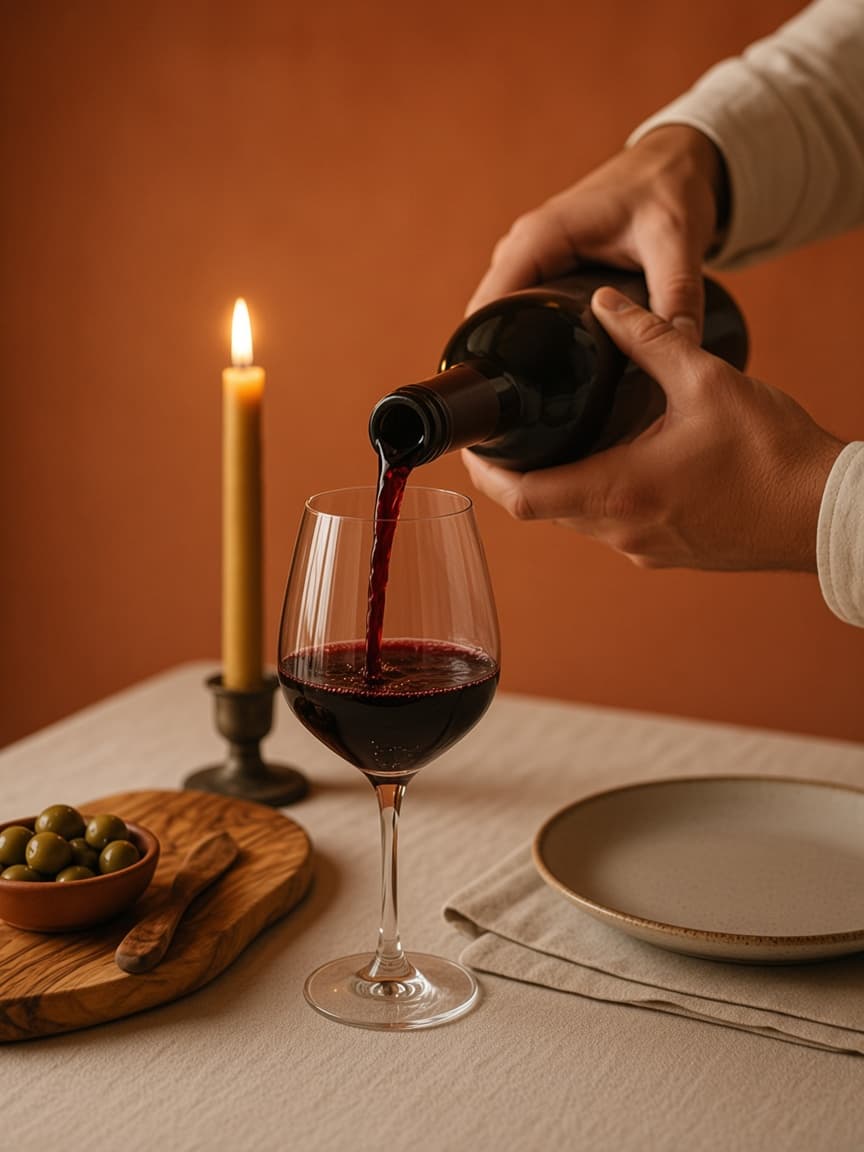 Illustrative photograph of red wine being poured into a glass.